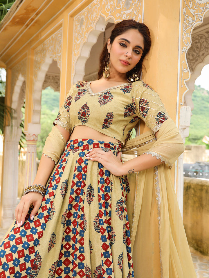 Beige Cotton Lehenga Choli with Lace Motifs