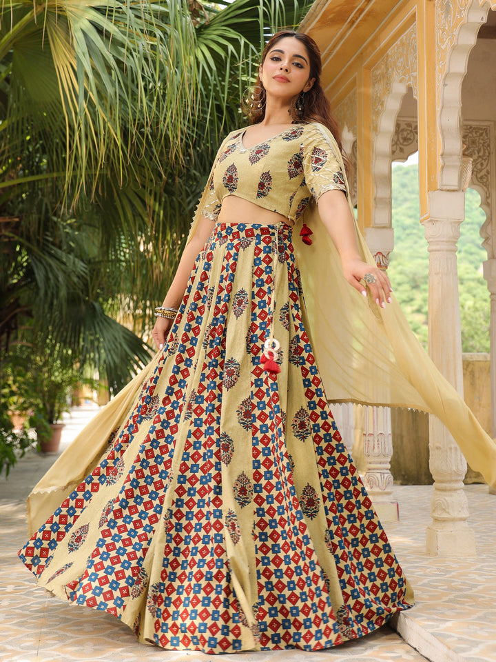 Beige Cotton Lehenga Choli with Lace Motifs