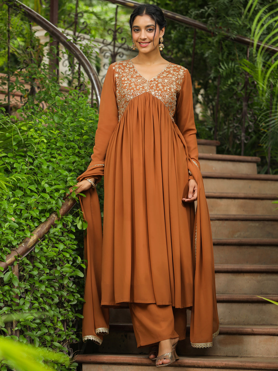 Brown-Georgette-Gathered-Yoke-3-Piece-Kurta-Set