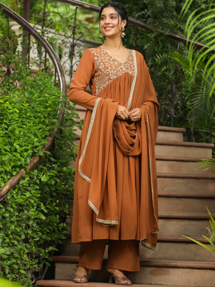 Brown-Georgette-Gathered-Yoke-3-Piece-Kurta-Set