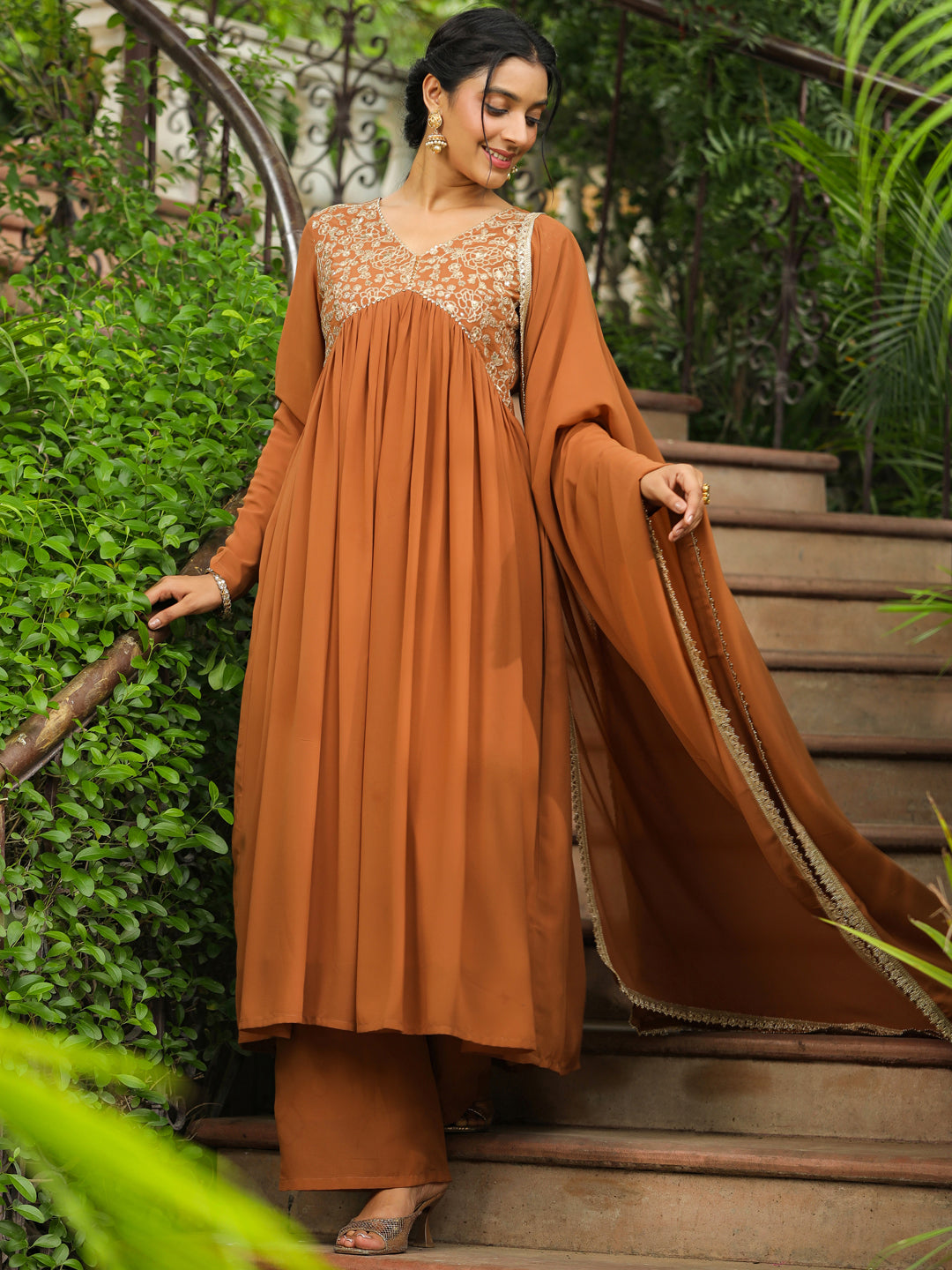 Brown-Georgette-Gathered-Yoke-3-Piece-Kurta-Set