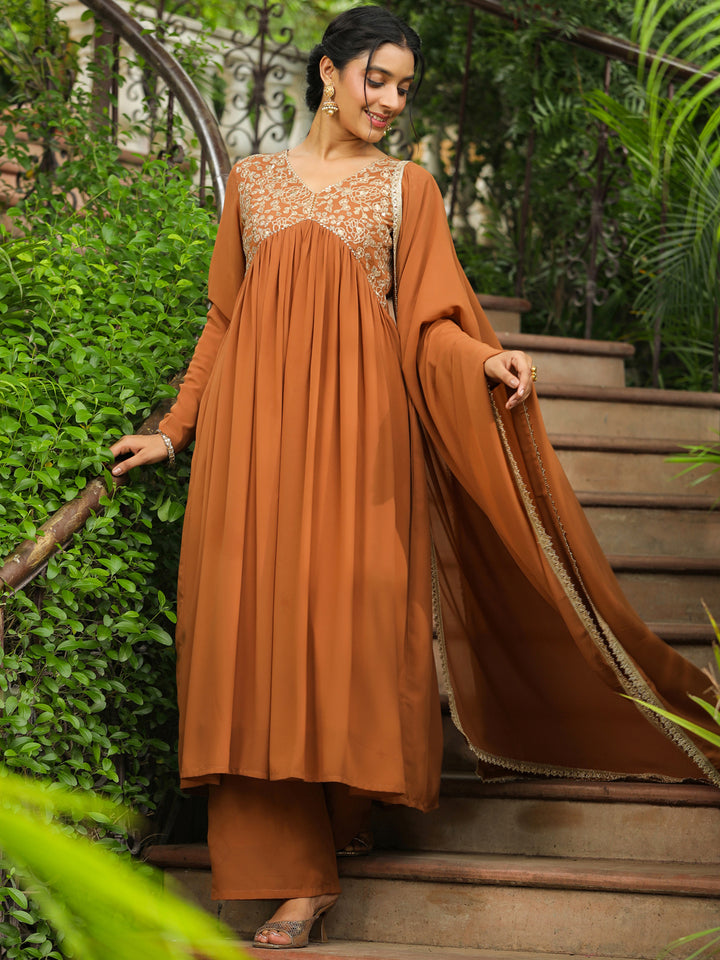 Brown-Georgette-Gathered-Yoke-3-Piece-Kurta-Set