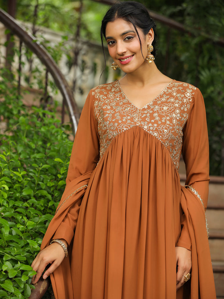Brown-Georgette-Gathered-Yoke-3-Piece-Kurta-Set