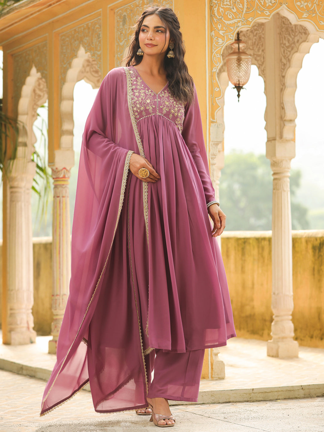 Lavender-Georgette-Yoke-Embroidered-3-Piece-Kurta-Set