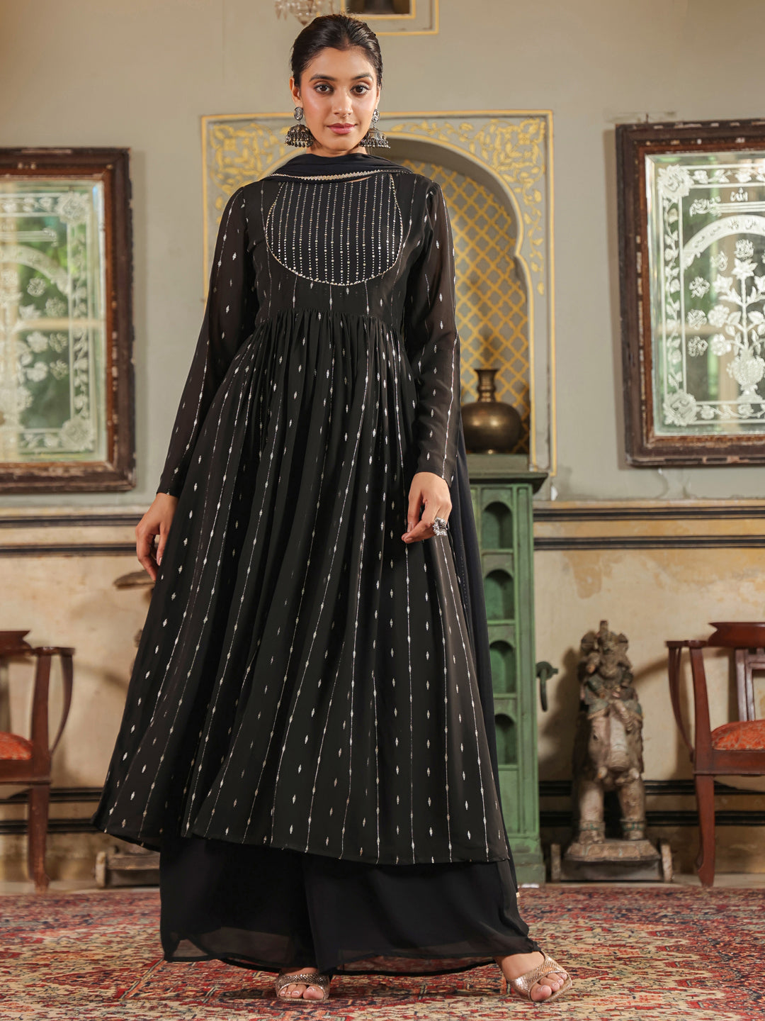 Black-Georgette-Anarkali-Foil-Print-3-Piece-Kurta-Set