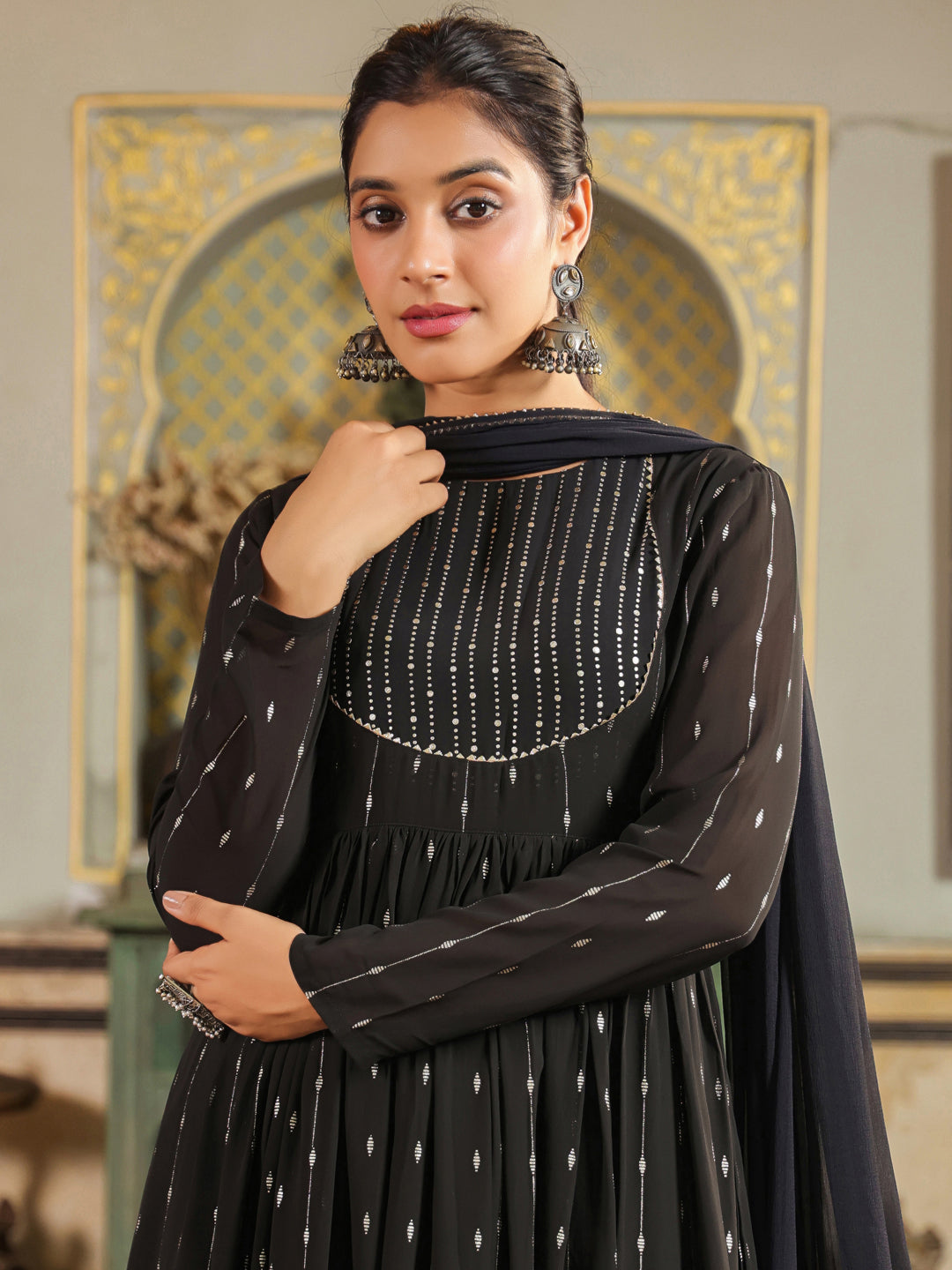 Black-Georgette-Anarkali-Foil-Print-3-Piece-Kurta-Set