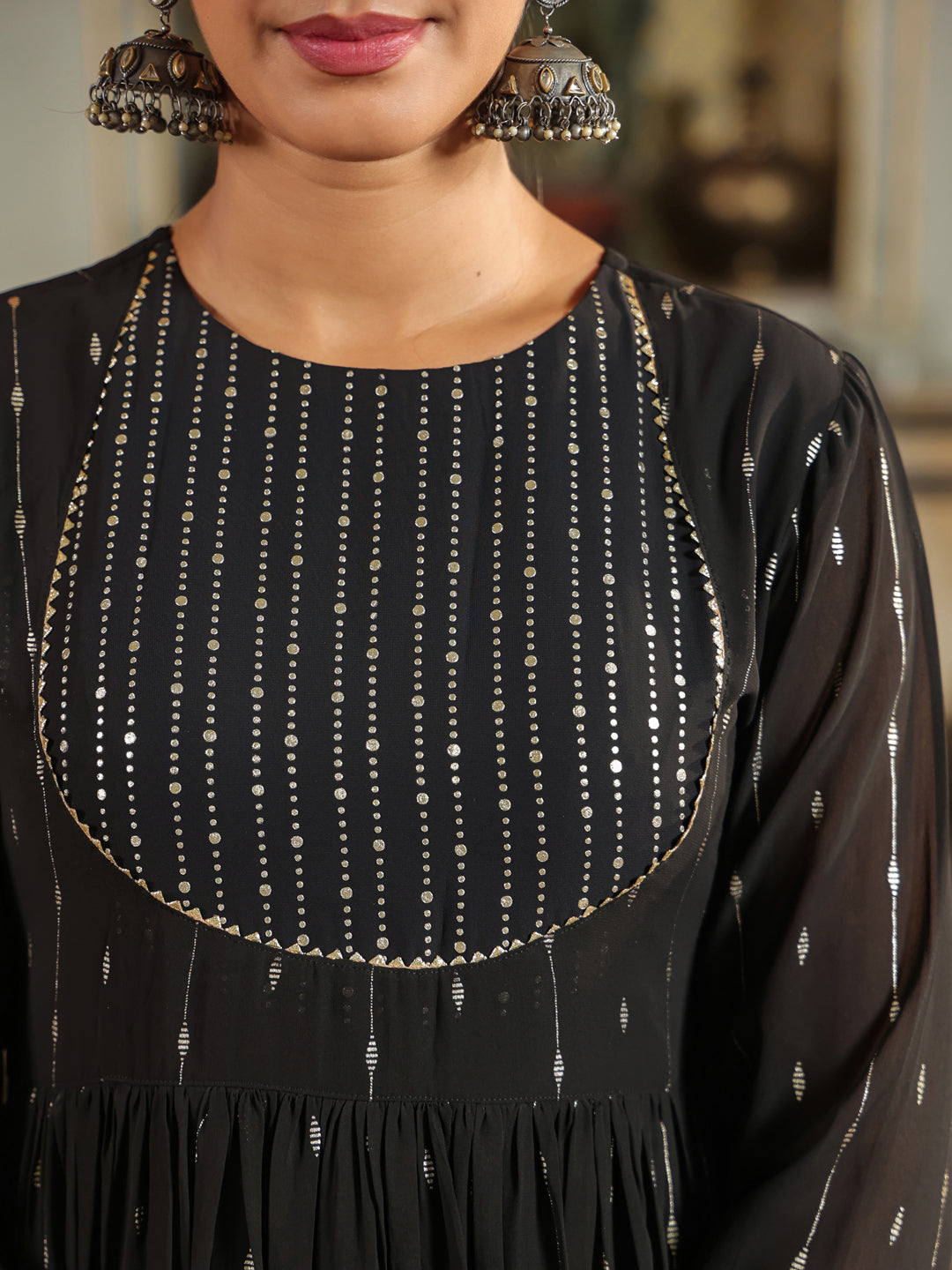 Black-Georgette-Anarkali-Foil-Print-3-Piece-Kurta-Set