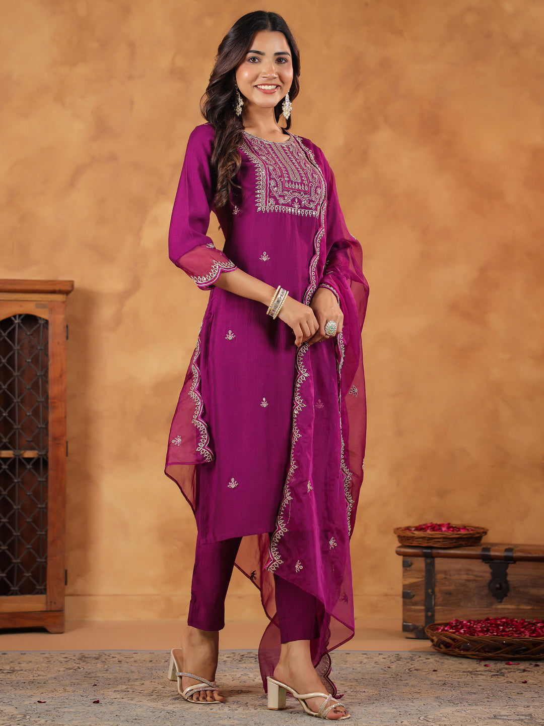 Purple Silk Blend Embroidered Kurta Set With Dupatta