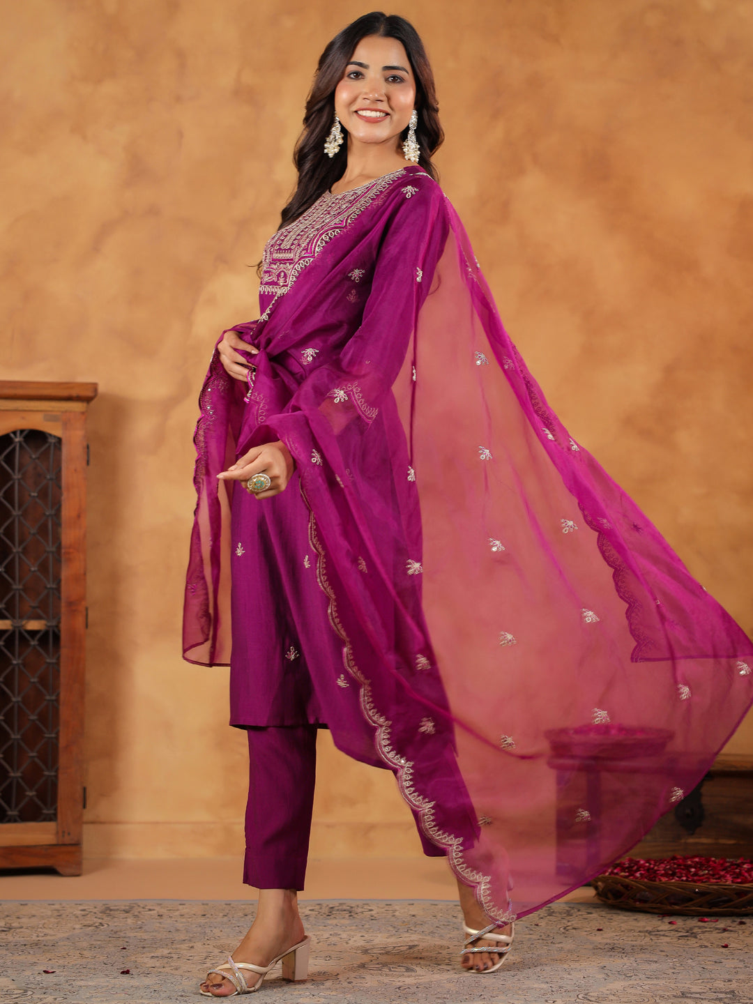 Purple Silk Blend Embroidered Kurta Set With Dupatta