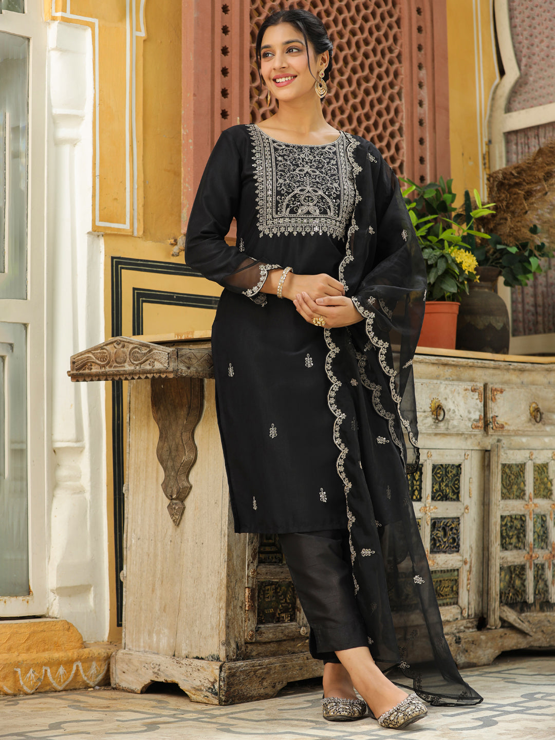 Black Silk Blend Embroidered Kurta Set With Dupatta