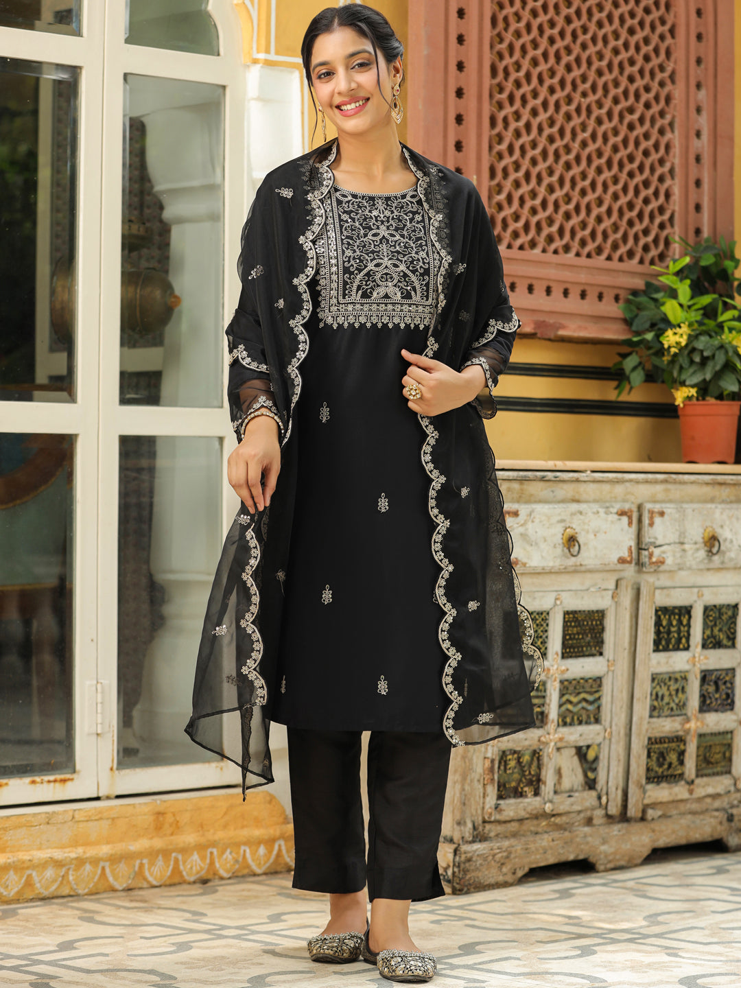 Black Silk Blend Embroidered Kurta Set With Dupatta