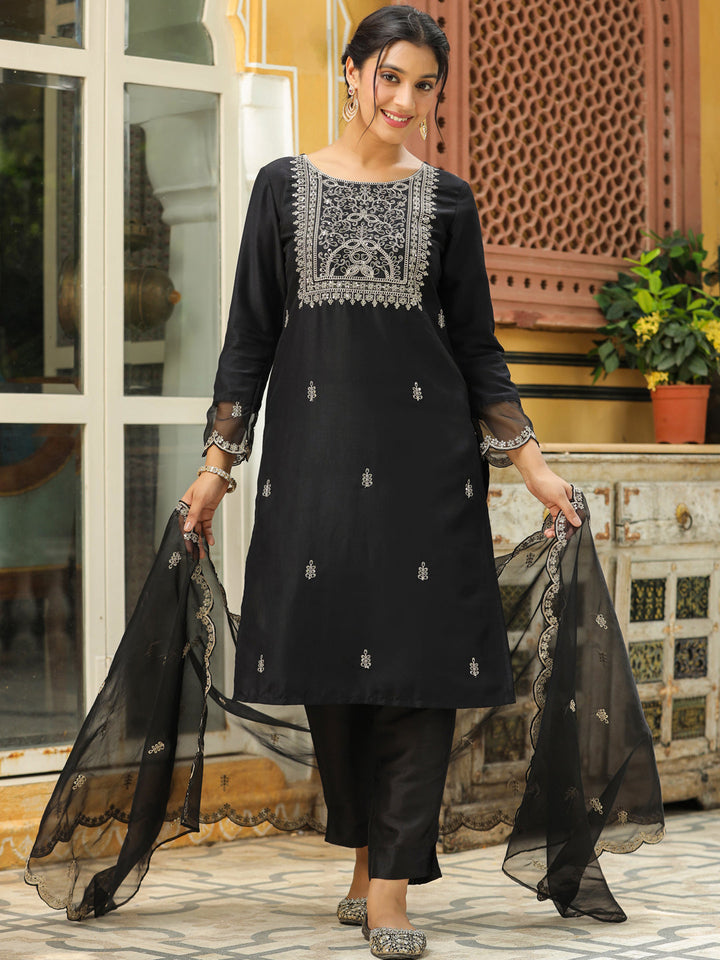 Black Silk Blend Embroidered Kurta Set With Dupatta