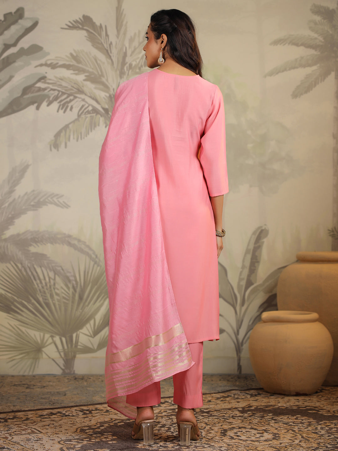 Pink Silk Blend Embroidered Kurta Set With Dupatta