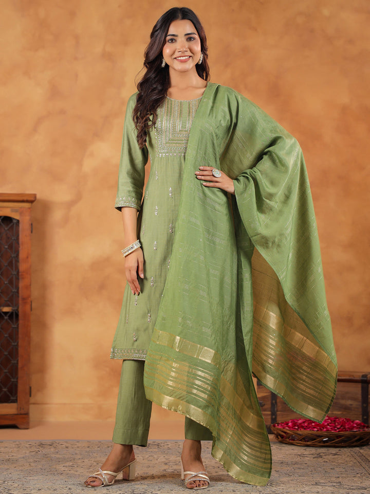 Sage Silk Blend Yoke Embroidered Kurta Set With Dupatta