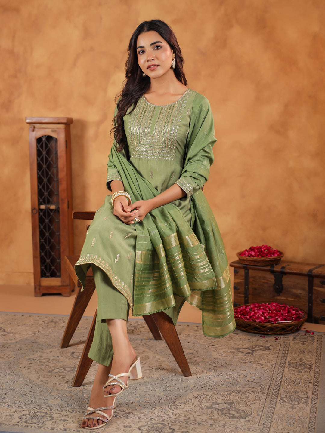 Sage Silk Blend Yoke Embroidered Kurta Set With Dupatta