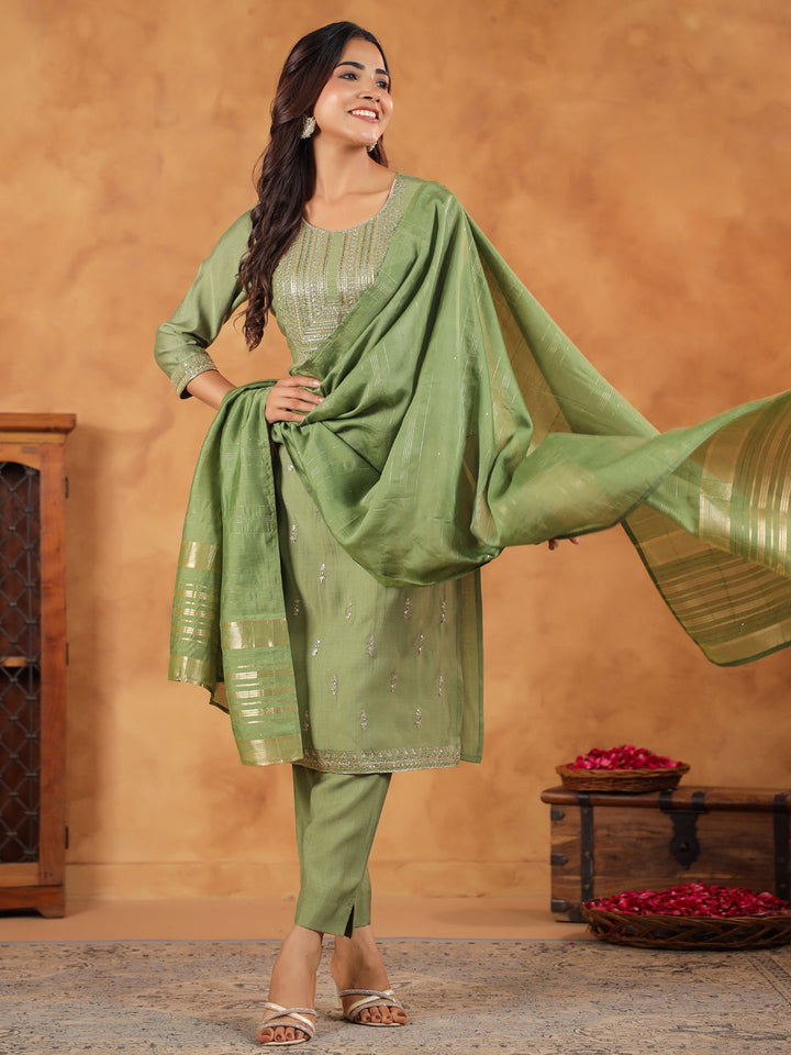 Sage Silk Blend Yoke Embroidered Kurta Set With Dupatta