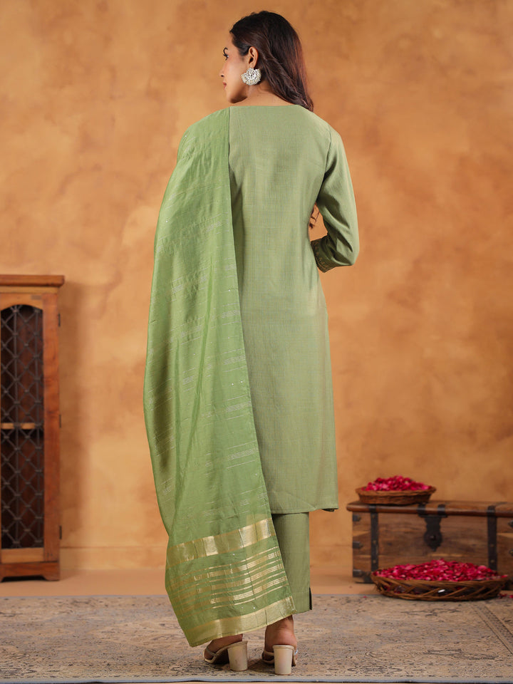 Sage Silk Blend Yoke Embroidered Kurta Set With Dupatta