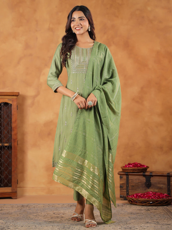 Sage Silk Blend Yoke Embroidered Kurta Set With Dupatta