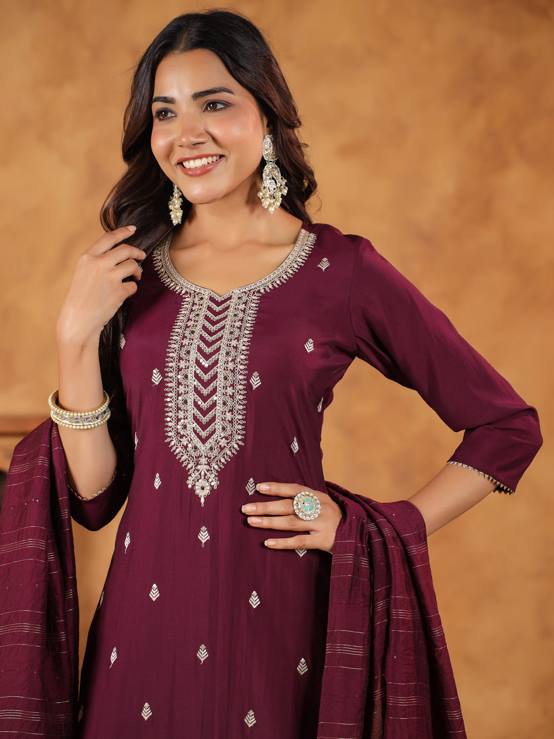 Wine Chanderi Silk Kurta Set With Dupatta