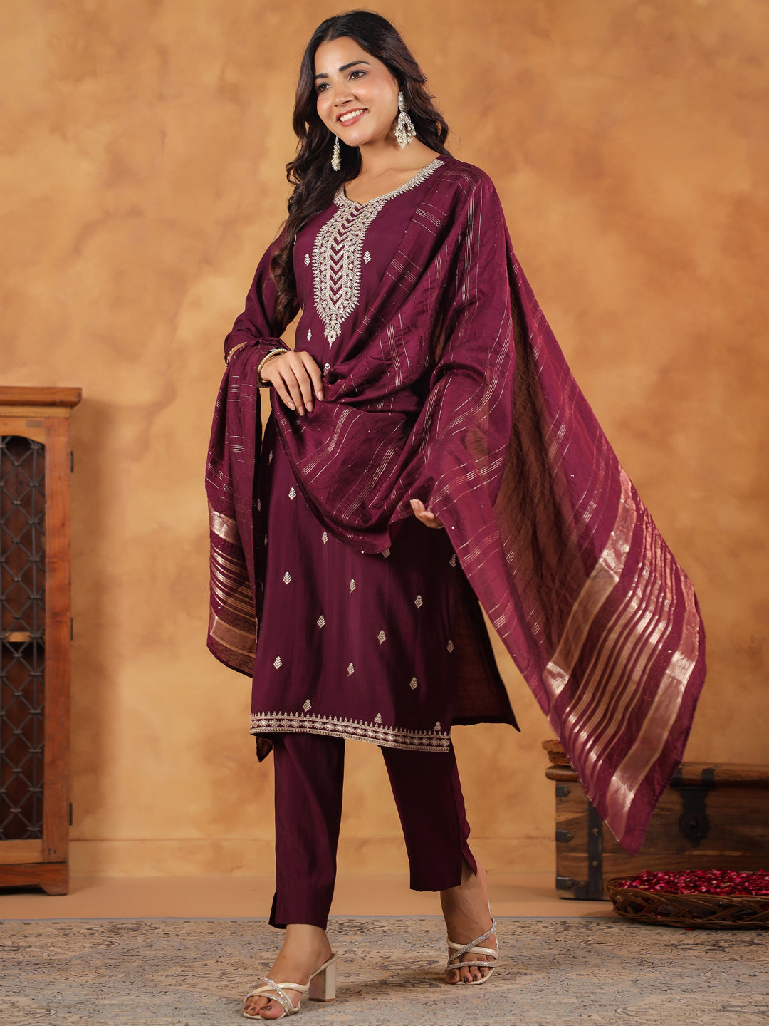 Wine-Chanderi-Straight-Embroidered-3-Piece-Kurta-Set