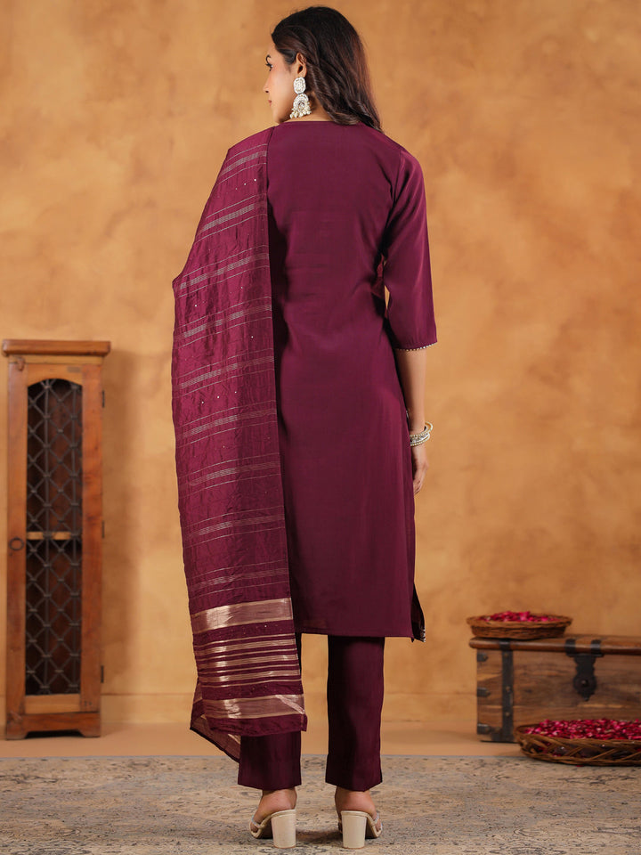 Wine Chanderi Silk Kurta Set With Dupatta