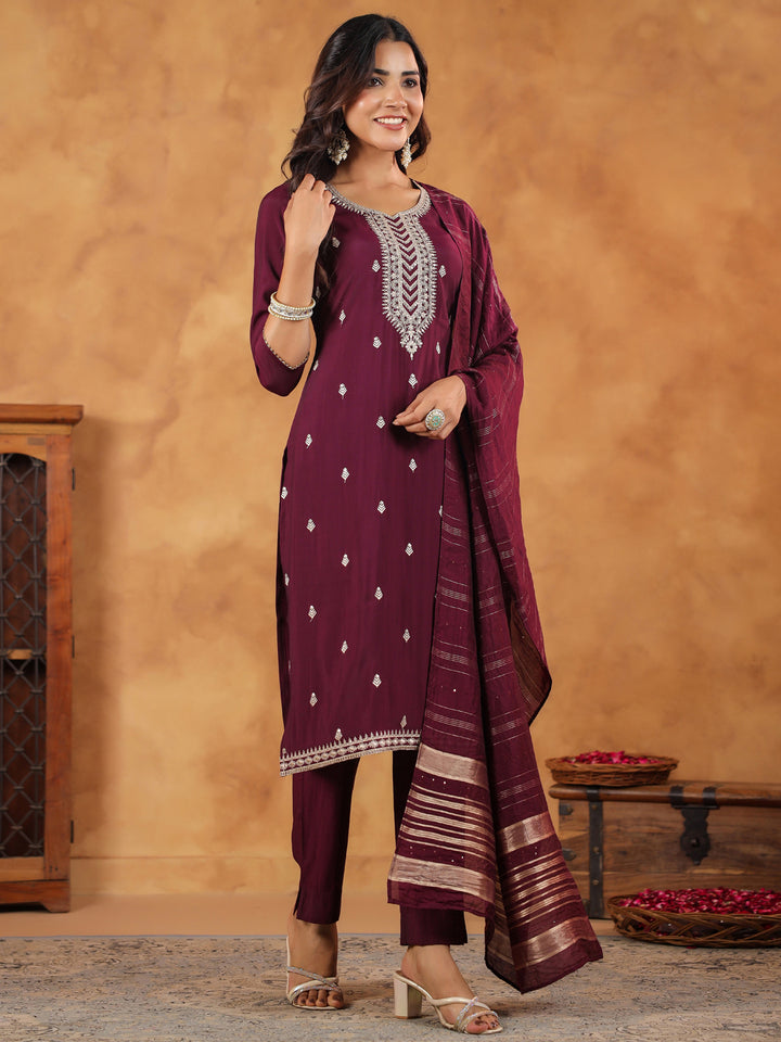 Wine-Chanderi-Straight-Embroidered-3-Piece-Kurta-Set