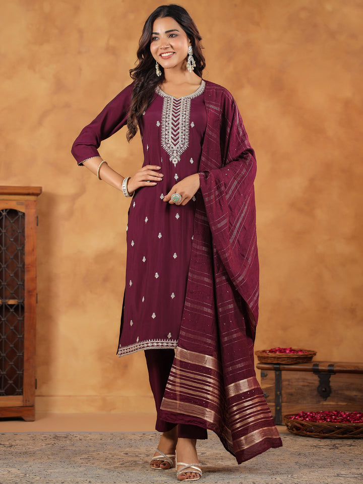 Wine-Chanderi-Straight-Embroidered-3-Piece-Kurta-Set