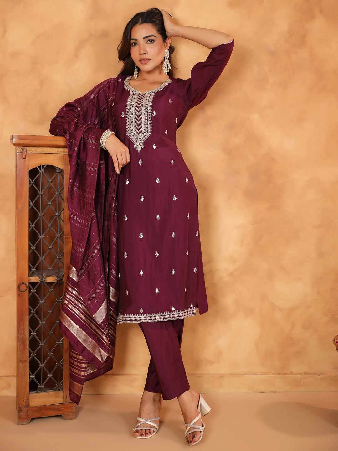 Wine-Chanderi-Straight-Embroidered-3-Piece-Kurta-Set