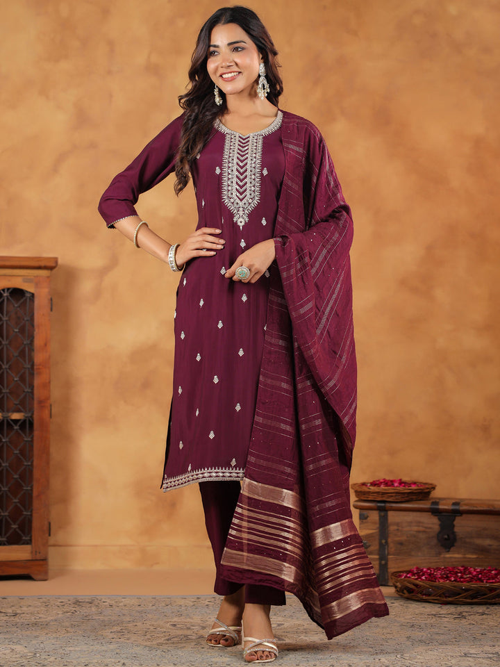 Wine Chanderi Silk Kurta Set With Dupatta