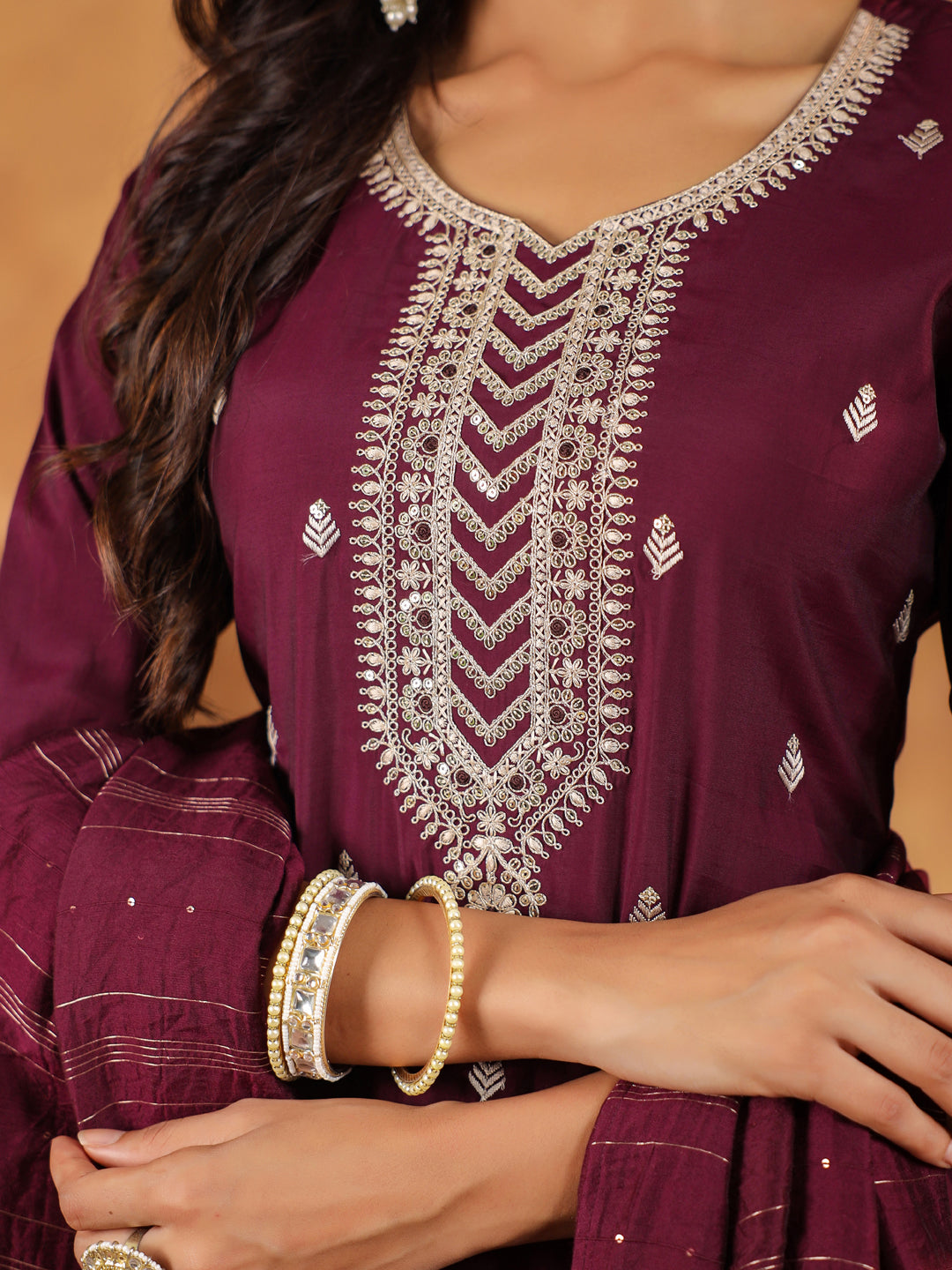 Wine-Chanderi-Straight-Embroidered-3-Piece-Kurta-Set