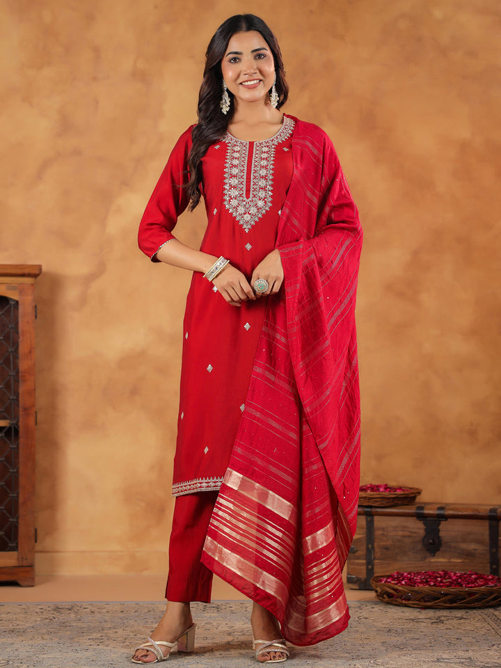 Maroon Chanderi Silk Kurta Set With Dupatta