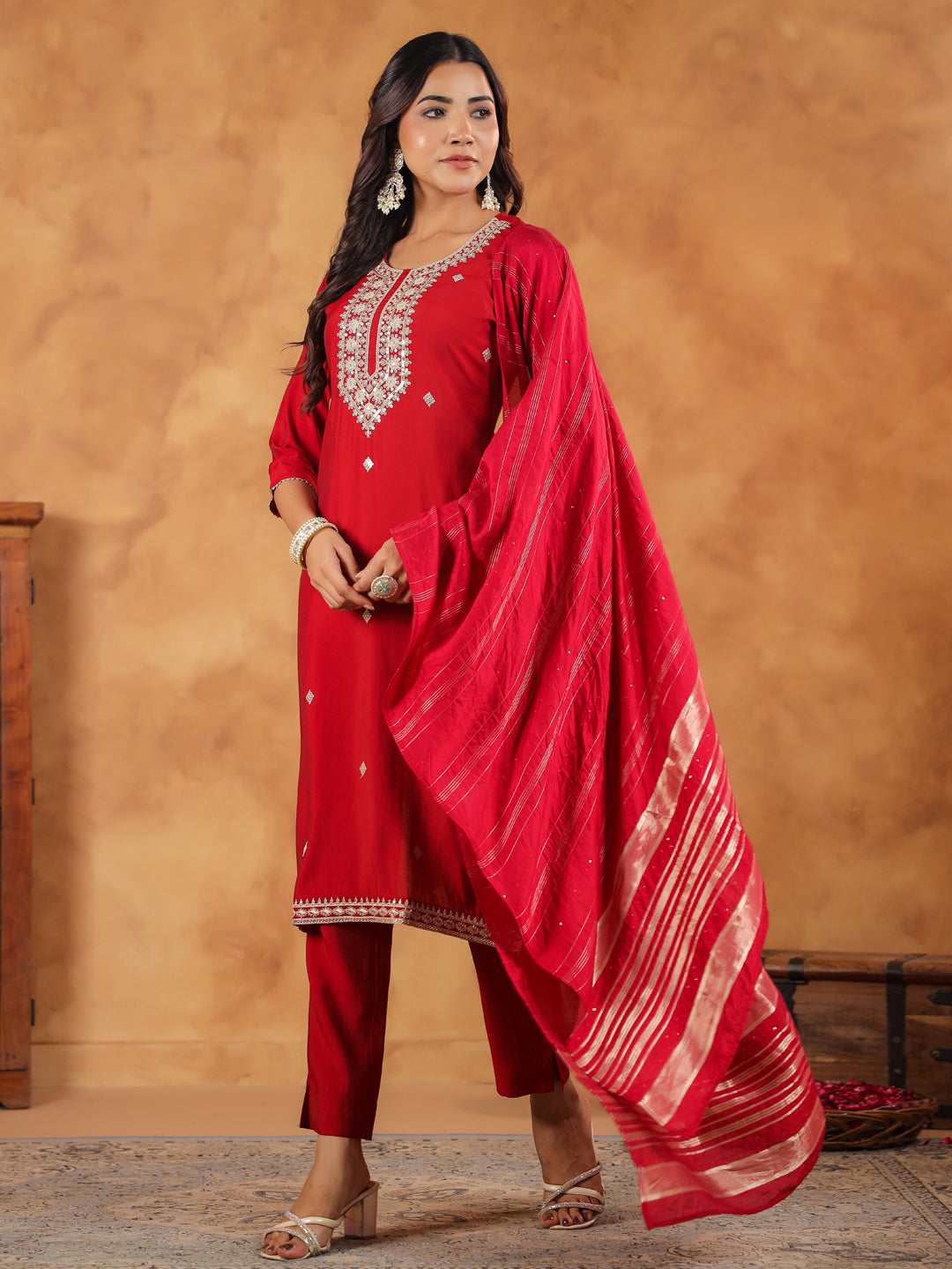 Maroon Chanderi Silk Kurta Set With Dupatta