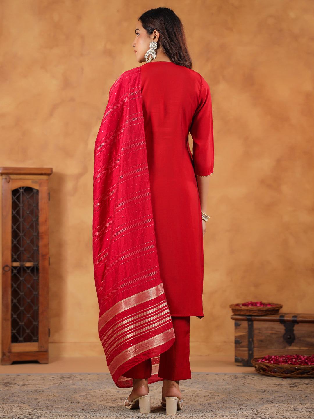 Maroon Chanderi Silk Kurta Set With Dupatta