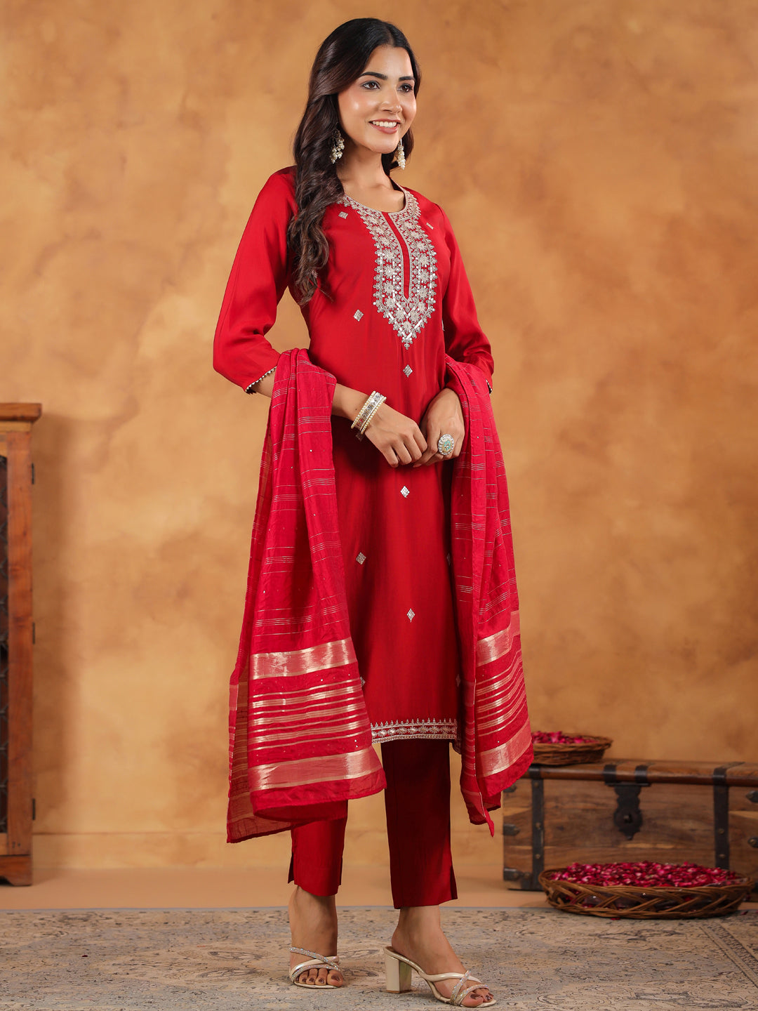 Maroon-Chanderi-Straight-Embroidered-3-Piece-Kurta-Set