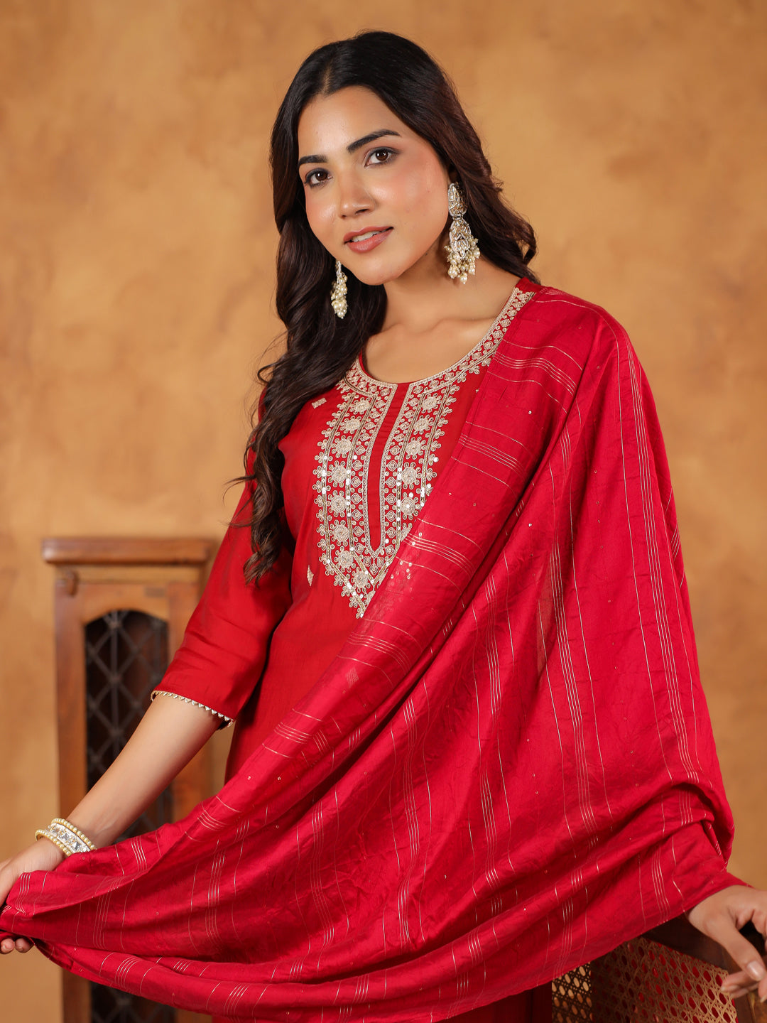 Maroon-Chanderi-Straight-Embroidered-3-Piece-Kurta-Set