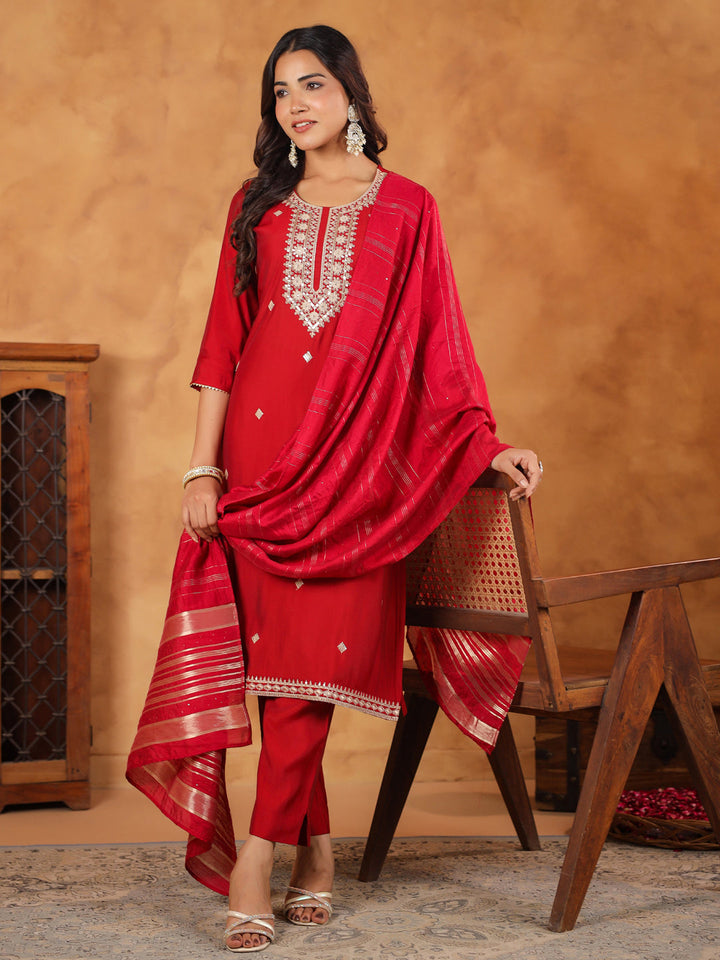 Maroon Chanderi Silk Kurta Set With Dupatta