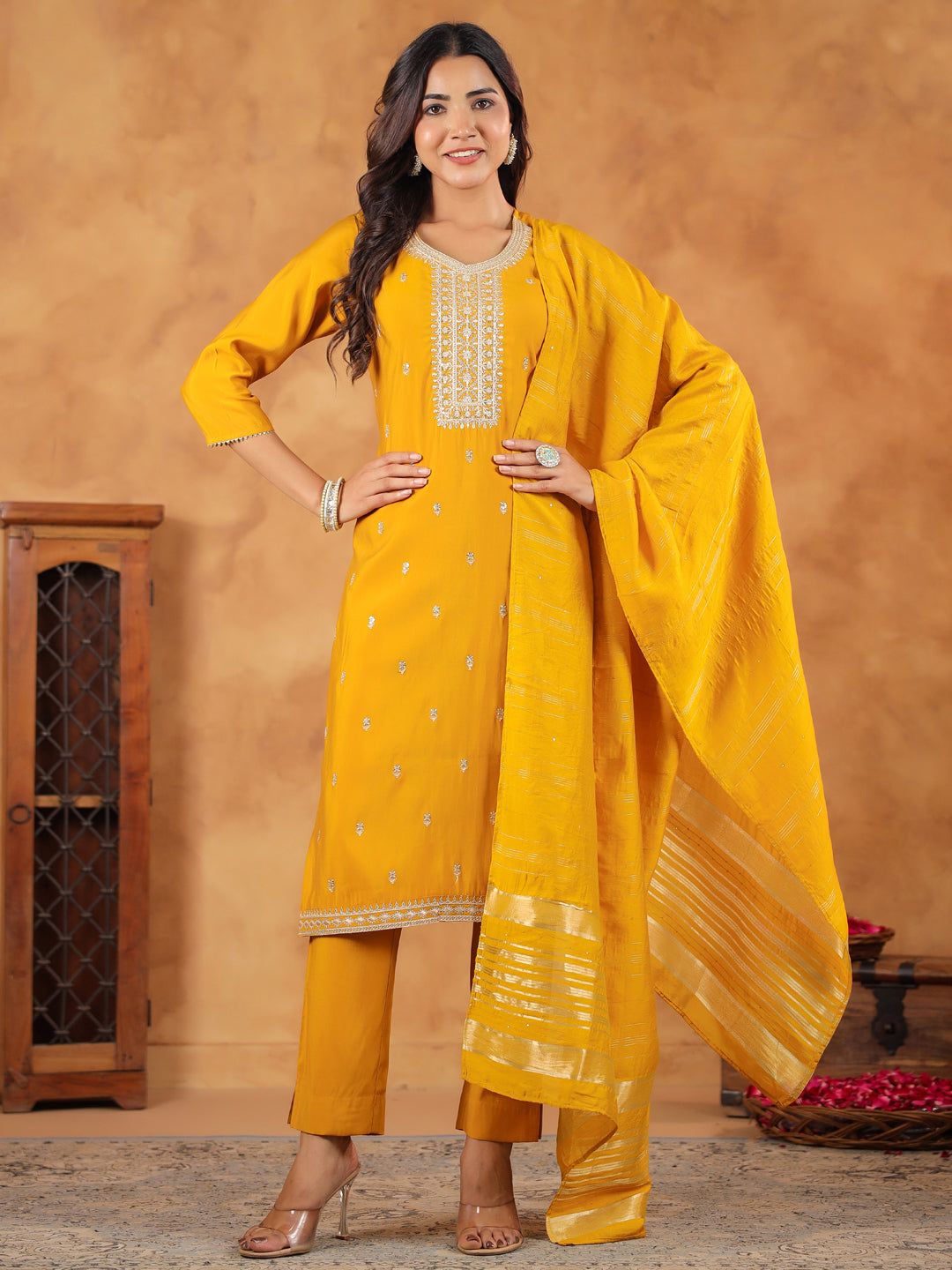 Mustard-Chanderi-Straight-Embroidered-3-Piece-Kurta-Set