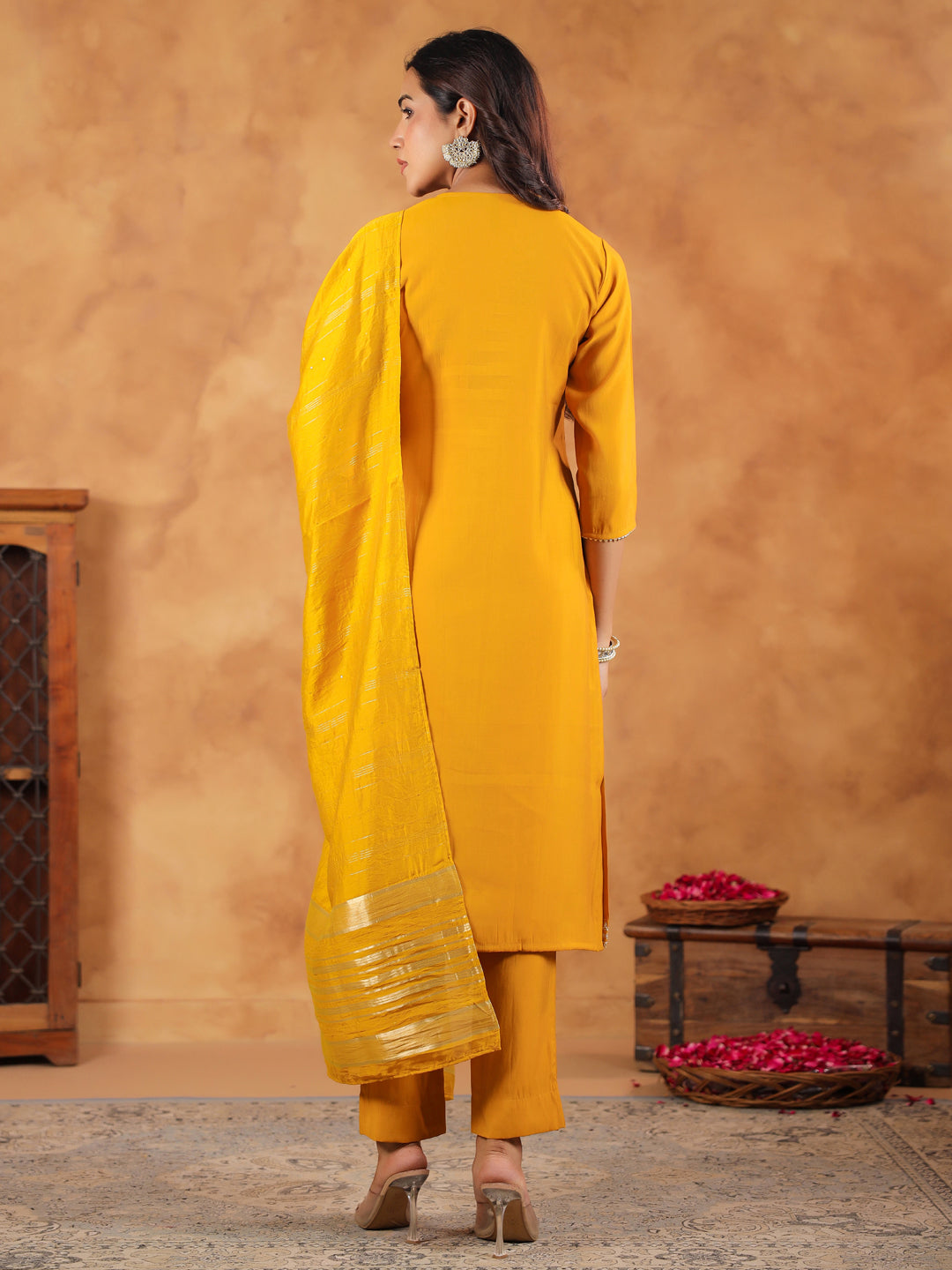 Mustard Chanderi Silk Kurta Set With Dupatta