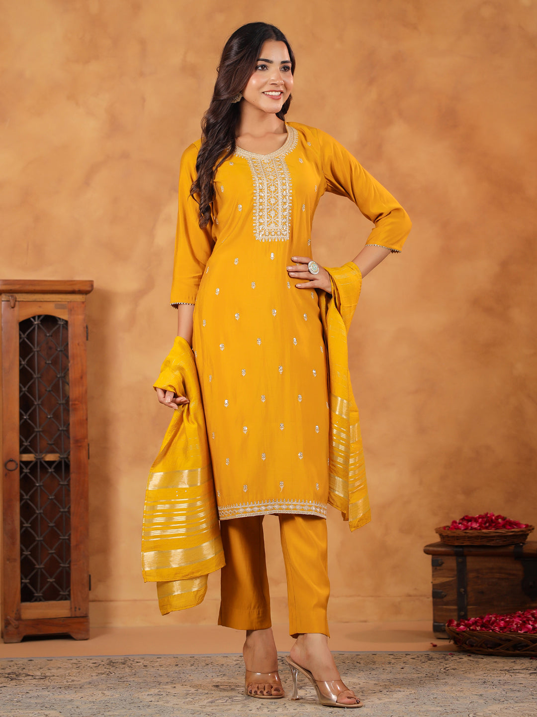 Mustard Chanderi Silk Kurta Set With Dupatta