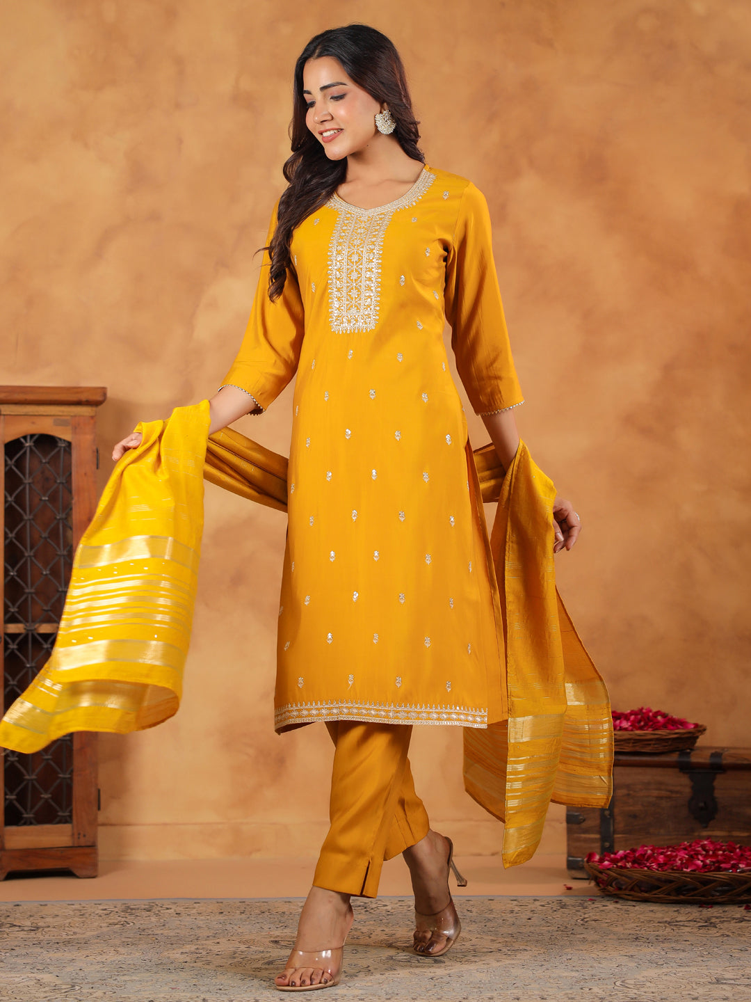 Mustard Chanderi Silk Kurta Set With Dupatta