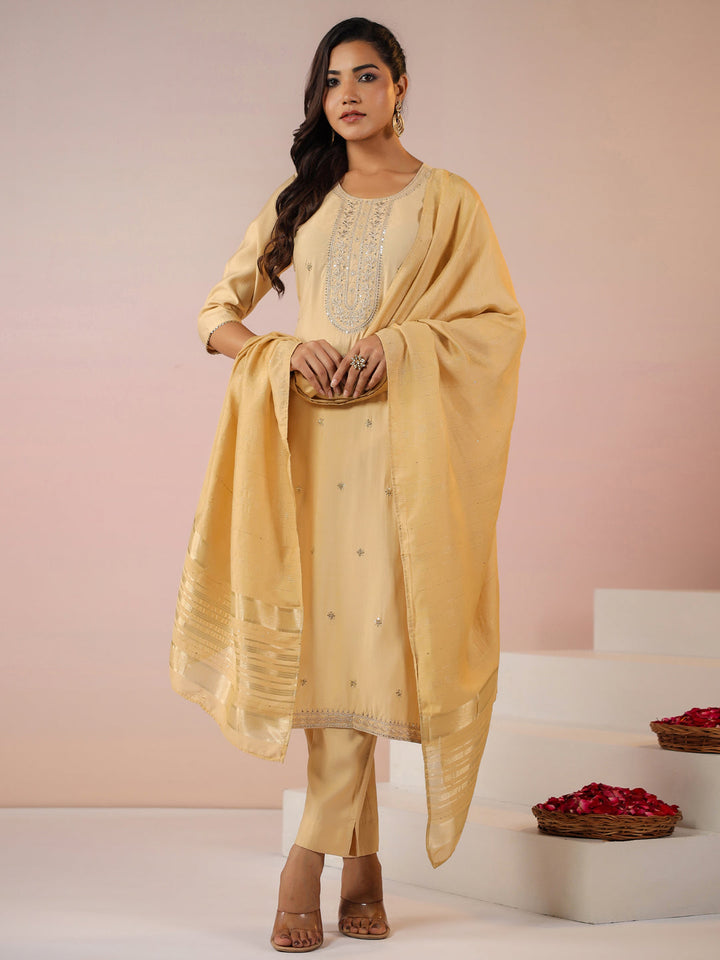 Beige Chanderi Silk Kurta Set With Dupatta