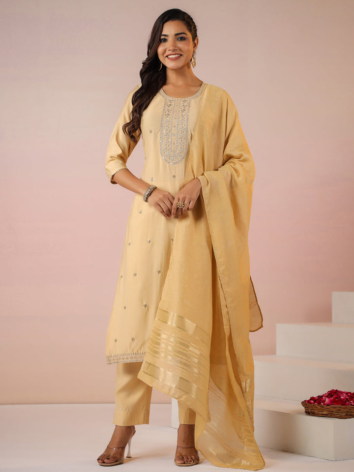 Beige Chanderi Silk Kurta Set With Dupatta