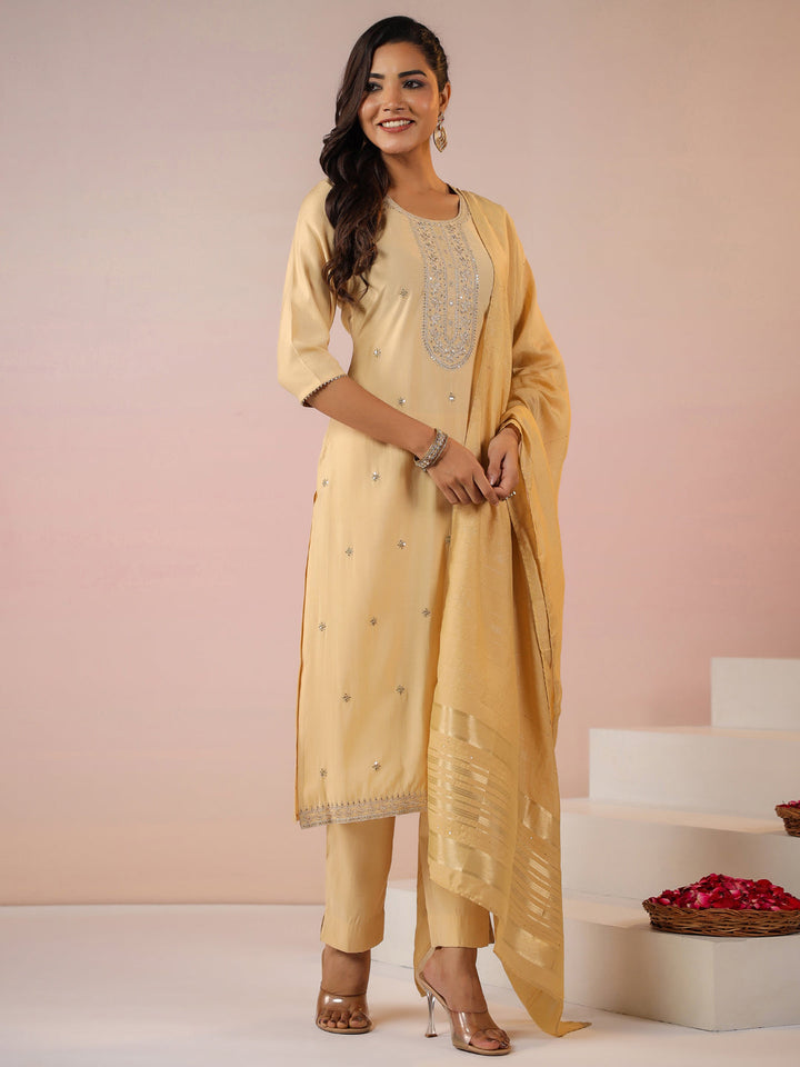 Beige Chanderi Silk Kurta Set With Dupatta