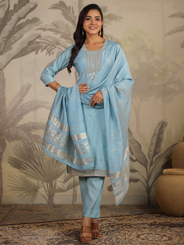 Light Blue Chanderi Silk Kurta Set With Dupatta