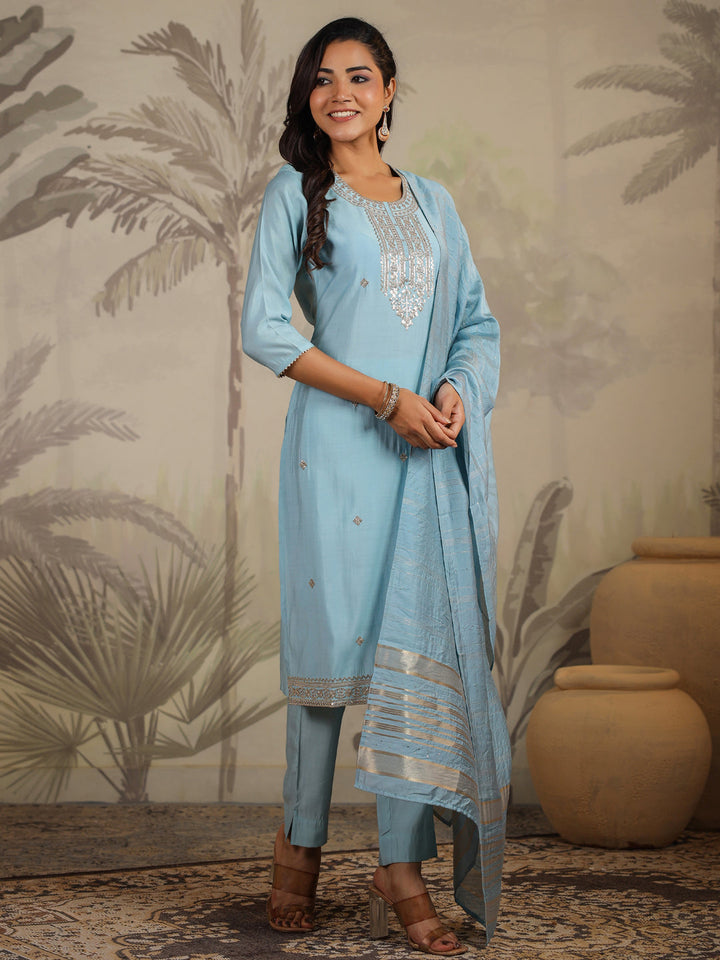 Light Blue Chanderi Silk Kurta Set With Dupatta