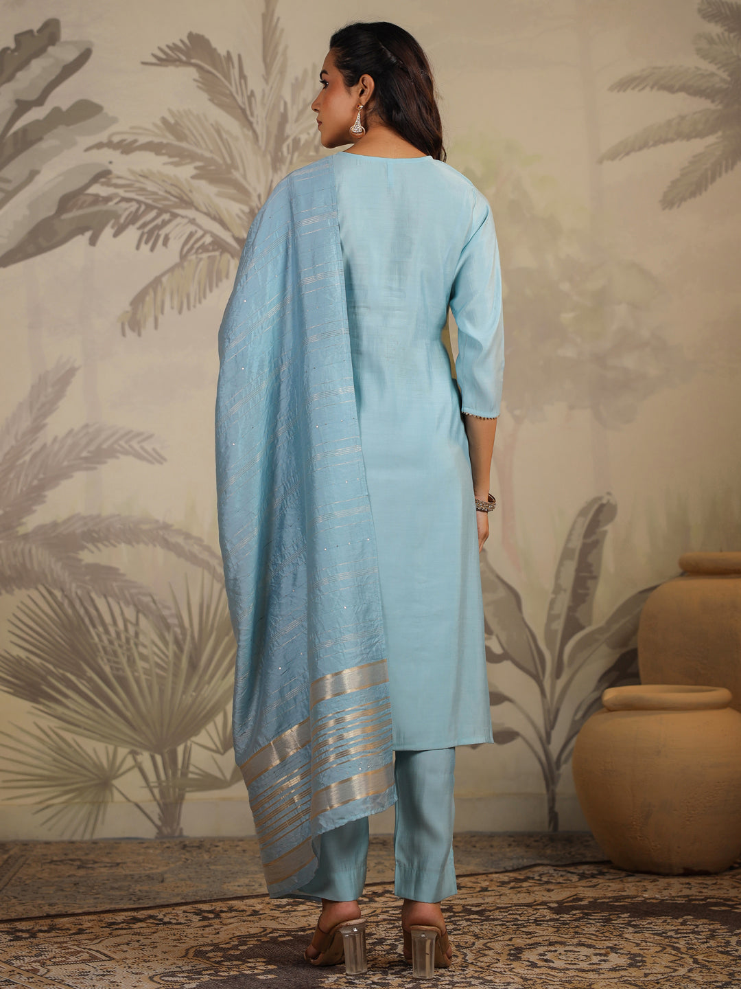 Light Blue Chanderi Silk Kurta Set With Dupatta