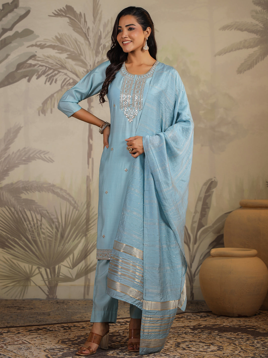 Light Blue Chanderi Silk Kurta Set With Dupatta