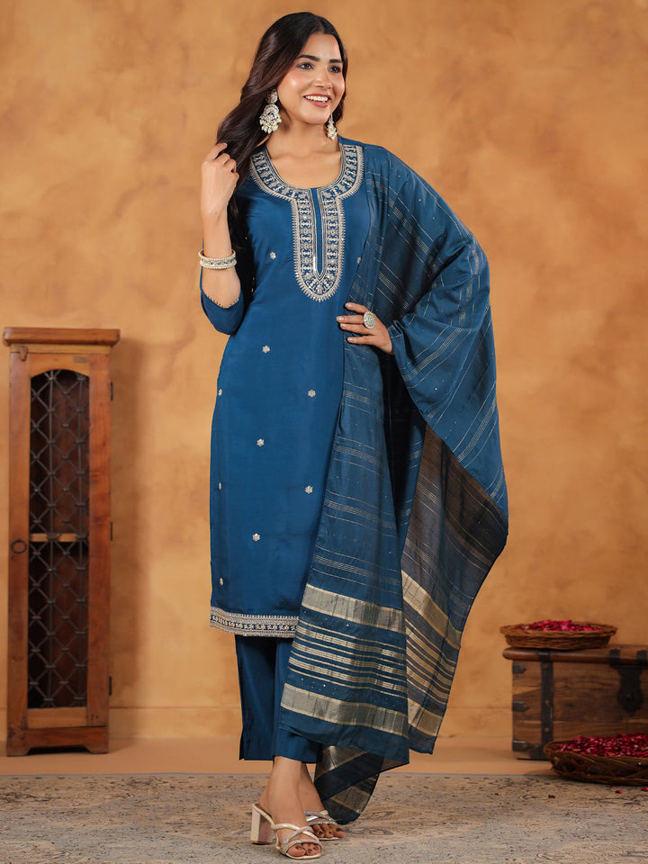 Teal Chanderi Silk Kurta Set With Dupatta