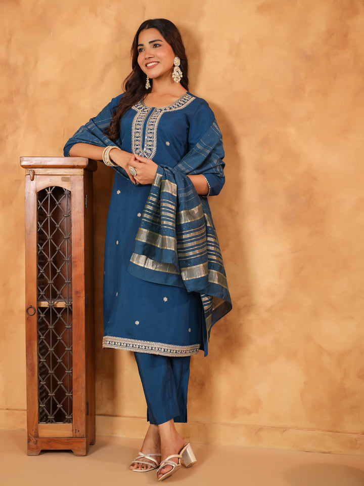 Teal Chanderi Silk Kurta Set With Dupatta