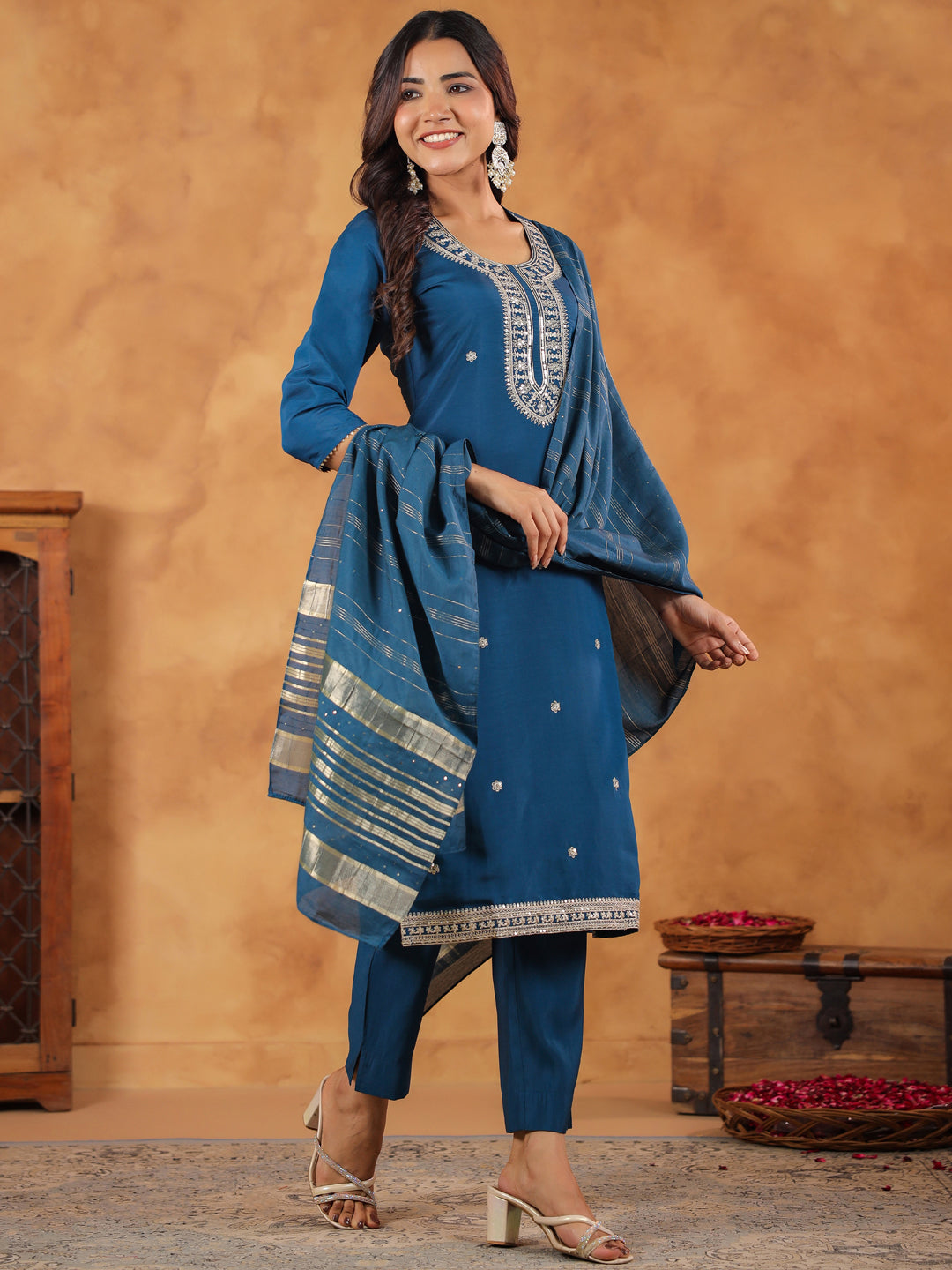 Teal Chanderi Silk Kurta Set With Dupatta